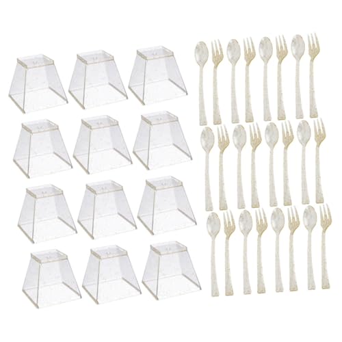SMASOLO 使い捨てゴールドフラットウェア プラスチックデザートカップ スプーン フォーク付き ポータブル軽量パーティーテーブルウェアキ