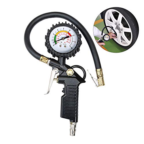 Gobesty Manometro Presion Neumaticos, inflador de neumáticos de 220 PSI Medidor de preciso Manguera de Aire de Barra y Goma, compresor de Aire Accesorios para Camiones de Servicio Pesado Camión