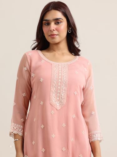 Image of Libas Peach Embroidered Chiffon Straight Kurta set for Women | ethnic wear | bridal suit | wedding dress | occasion wear