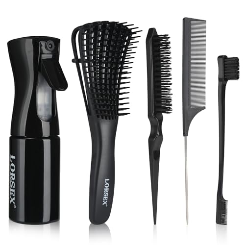 LORSEX Hair Brush with 200ml Hair Spray Bottle Detangle Hair Brush for Black Natural Hair Afro American Type 3a-4c 3 Pcs Slick Brush Set (Black)