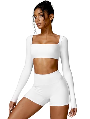 Image of ABOCIW Women Square Neck Long Sleeve Workout Crop Top Low Medium Impact Athletic Yoga Gym Shirts with Built in Bra(ONLY TOP)