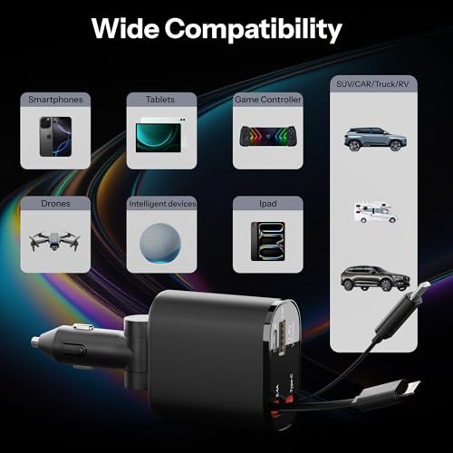 Image of AILKIN 120W 4 in 1 Retractable Car Charger,Fast Car Phone Charger,Retractable Cables & 2 USB Ports Car Adapter for Android Phones & iPhone 17 /16 /15 /14 /13 /12 /11 Pro Max,Xr,Ipad,Dash Cam & Other Devices