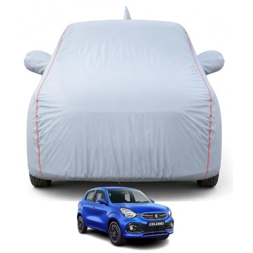 Image of Premium Car Cover for Maruti Suzuki Celerio 2021-2026 Models | 100% Waterproof, UV & Dust Protection | Mirror & Antenna Pocket | Triple Stitched, Soft Inner Lining, Belt & Buckle (Dark Grey)