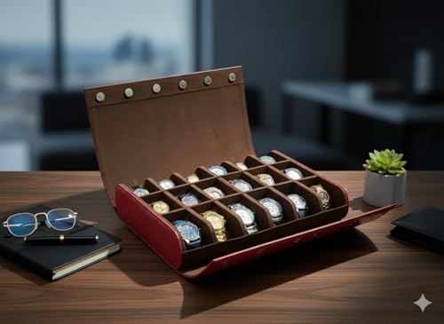 Image of essart 18-Slot Travel Watch Organizer - Elegant PU Leather Watch Roll for Collectors, Scratch-Proof & Portable Storage in Croco-Maroon Color