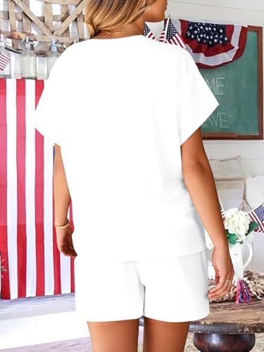 Image of VILOVE 4th of July 2 Piece Sequin Outfits Women Star Stripe Shirts and Short Sets Casual Patriotic Shirt Summer Set