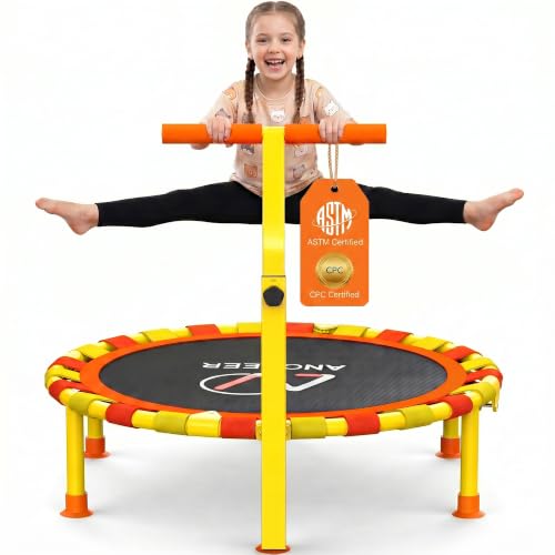 Image of ANCHEER 38 inch Toddler Trampoline for Kids, ASTM Certified Foldable Mini Trampoline with Adjustable Foam Handle, Indoor & Outdoor Kids Trampoline, Quiet Design, 200 LBS Capacity, Easy Assembly