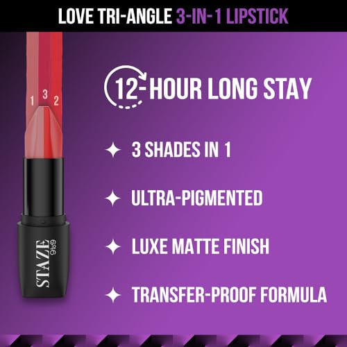 Staze 9to9 3 in 1 Lipstick | 3 Unique Shades in 1 | 12 HRS Long Lasting, Transferproof | Non-drying Formula with Intense Color Payoff | 02 Scarlet Whisper | 3.8 g