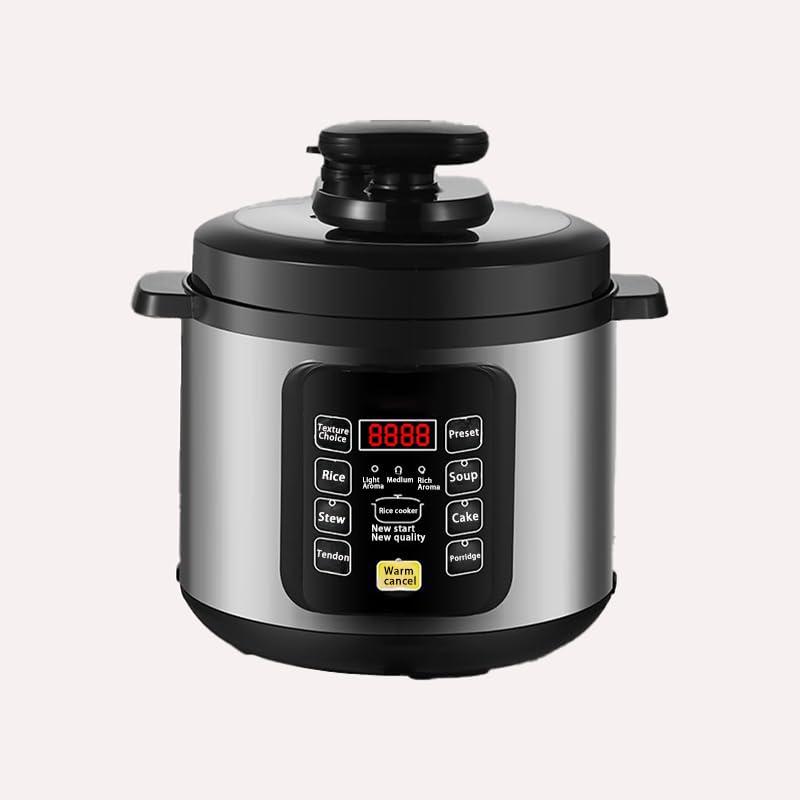 Olla a presión eléctrica multifunción 5L, 9 programas de cocción, 1000 W, acero inoxidable y negro, con funciones de arroz, sopa, estofado, gachas, pastel