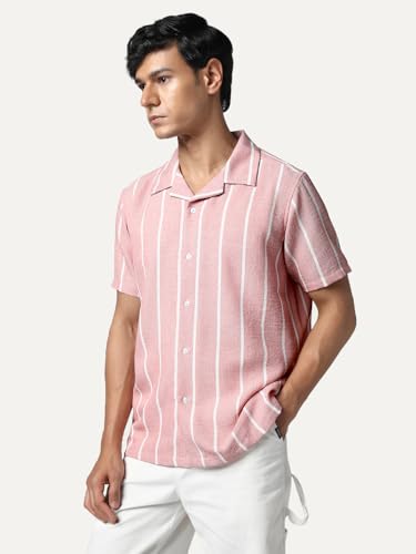 Image of Urbano Fashion Men's Cotton Half Sleeve Relaxed Fit Linen Striped Shirt with Cuban Collar