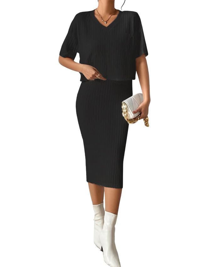 Selvia Women's Short Sleeves Lycra V-Neck Casual Co-Ords Set (554Tk10826N-L_Black)