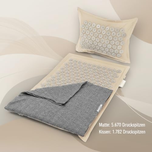 NEOLYMP Akupressurmatte mit Kissen und Eingewöhnungstuch, gefüllt mit Kokosfasern und Buchweizen - Massagematte mit 7.452 Druckpunkten - Videoanleitungen mit Akupunktur Matte Übungen (beige)