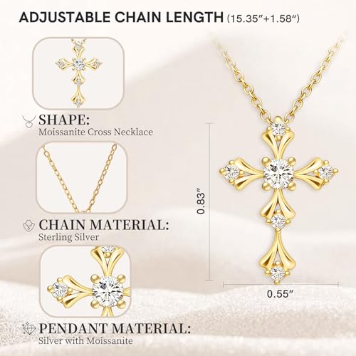Image of URTHEONE Moissanite Cross Necklace for Women, 925 Sterling Silver 14KGold Plated Necklaces with Sparkling Moissanite Pendant, Faith Women's Jewelry, Trendy Gift for Women Mom Friend