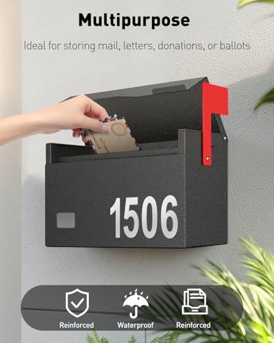 Image of Uniclife Mailboxes for Outside, Wall Mount Mailbox with Flag and Mailbox Number Stickers, Large Metal Mail Box for House, Modern Post Box for Outdoor Office Home, (No Locking Mechanism)