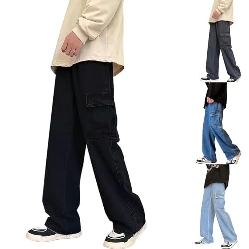 Loose Cargo Jeans for Men Elastic Waist Denim Highstreet Work Pants Vintage Straight Leg Drawstring Hip Hop Trousers4