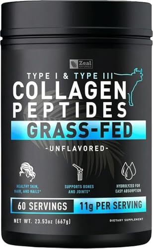 Zeal Naturals Hydrolyzed Collagen Peptides Powder, 10g Protein | Grass-Fed Collagen for Women & Men | Essential Amino Acids | Hair, Skin, Nails, Bone Health | 60 Servings, Unflavored, 23.53 oz.