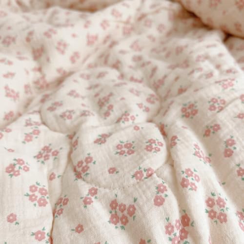 Image of BuLuTu Pink Floral Kids Quilts Full Bed Comforter for Girls Teens Cotton Muslin Quilted Blanket with Chic Lace Edges Reversible Galsang Flower Pattern Quilt, 1 Piece, 79 inchx90 inch