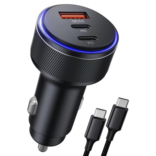 USB C Car Charger,90W 3-Port Dual USB-C & USB-A Car Power Adapter,Includes a Fast Charging Cable for iPhone 16/15/14/13/12/11/Pro Max, iPad, Samsung Galaxy, Google Pixel and Android Devices