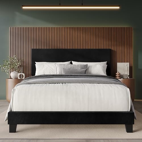 Castle Place Queen Velvet Upholstered Bed, Modern Minimalist Design, Box Spring Required, Black