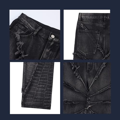 Gothic Jeans, Women's Street Hip-hop Patchwork with raw Edges, Black Jeans, Y2K Men's Distressed Straight Leg Pants3
