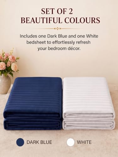 Image of Mafatlal 210 TC Italian Stripe Single Bedsheet Set with Pillow Cover (60 x 90 Inches) | 100% Cotton | Hotel Collection | Soft Breathable Flat Bed Sheet | Navy N White