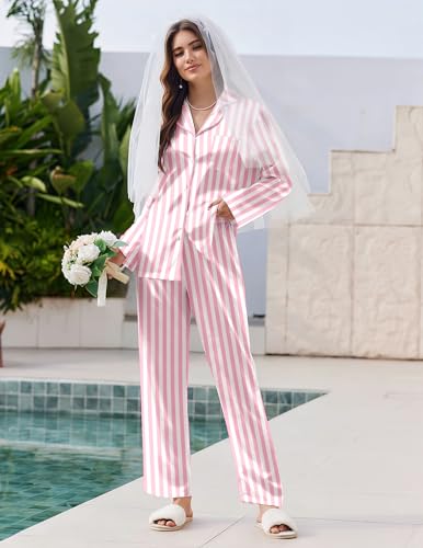 Image of Ekouaer Pajamas For Women Set Silk Pjs 2 Piece Satin Sleepwear Long Sleeve Button Down Lounge Sets With Pant