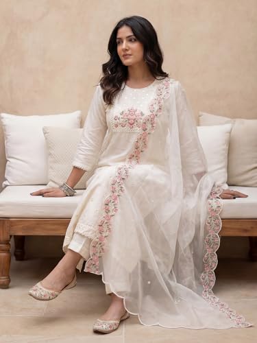 Image of INDO ERA Solid Straight Pure Cotton Kurta with Pant & Dupatta Set for Women