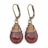 Brown Czech Glass Wire-wrapped Drop Antique Bronze Lever-back Earrings 1.4 Inches