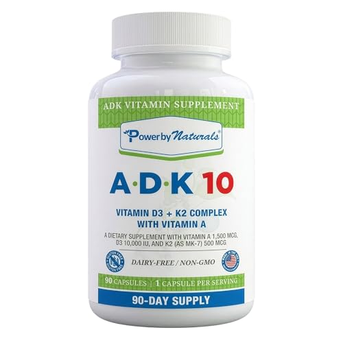 Power By Naturals ADK 10 Vitamin Supplement Vitamins A D3 & K2 MK-7 for Bone Heart & Immune Health Gluten-Free Soy-Free 90 Capsules (3-Month Supply)