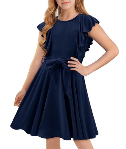 Storeofbaby Summer Dresses Big Girl Casual Ruffle Sleeve Flowy Dress With Belt A Navy thumb #1