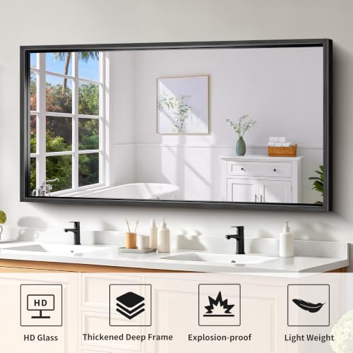 Image of Bathroom Mirror, 30 x 55 Inch Brushed Black Rectangle Mirror, 0.6 inch Thickened Deep Metal Frame Mirrors for Wall Over Sink, Shatterproof Tempered Glass, Antirust, Horizontally or Vertically
