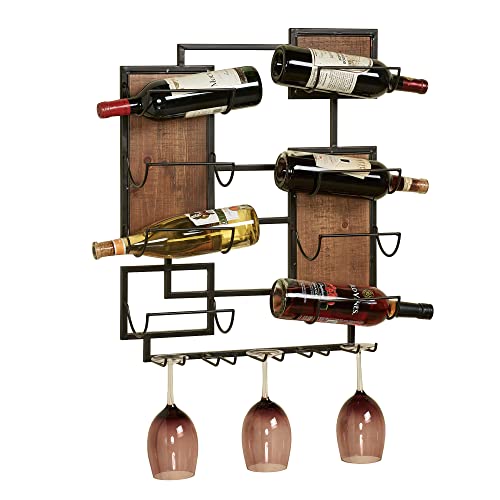 Touch of Class Coulter Wall Wine Rack - Black Metal - Dark Brown Wooden Accents - Stemware Collection Display Rack for Kitchen, Dining Room, Bar, Restaurant - 5 Glasses - 8 Bottles