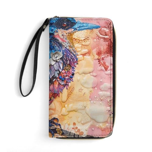Ink Style Bird Wallet, Long PU Leather Wallet with Wrist Strap, Large Capacity & Multi Card Holder Wallets
