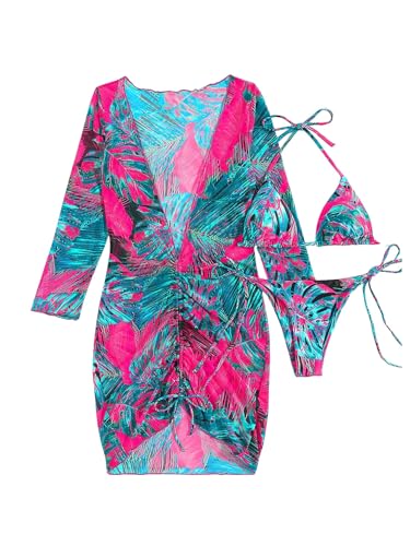 OYOANGLE Women's 3 Piece Swimsuit Floral Print Halter Bikini Set Bathing Suit with Beach Cover Ups3