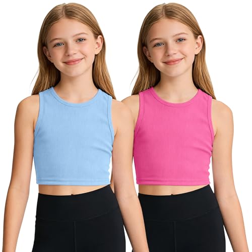 Image of Auranso Girls Tank Tops 2 Pack Ribbed Knit Sleeveless Crop Tops for Kids