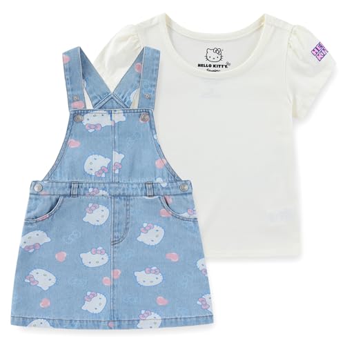 Hello Kitty Sanrio Girls Denim Jumper Dress with Shirt 2 Piece Set for Toddler and Big Kids