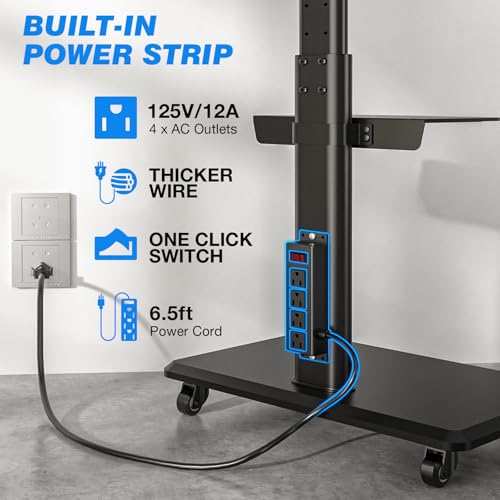 Rfiver Sleek Rolling TV Stand with Power Outlet for Home Decor, Height Adjustable Portable TV Stand on Wheels for 32-70 Inch TVs, Strong Tall Mobile TV Cart with Mount Up to 88 lbs, Black