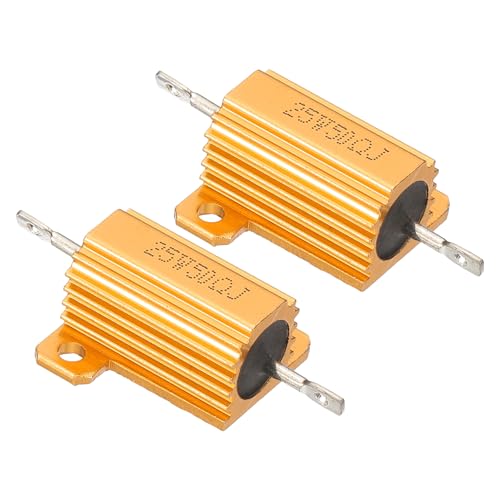 PATIKIL 25W 50 Ohm Aluminum Shell Resistor, 2 Pack Aluminum Housing Resistor Housed Case Wirewound Resistors Screw Tap Power Resistor 5% Tolerance, Golden