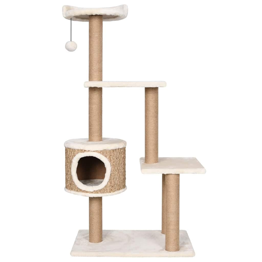 Albero per gatti 123 cm con tiragraffi in erba marina, centro giochi tutto in uno per gatti con posatoi, casa e palla sospesa