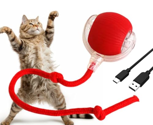 Cat Smart Rolling Ball [RED], LED Lights, Indoors for Active Cats - Rechargeable, Automatic, Speedy Tail/Rope