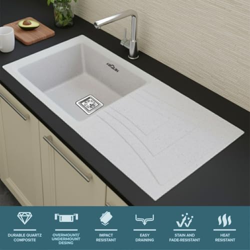 Image of ARQUIN Quartz Kitchen Sink with Drainboard 36x18x9 InchRosa Granite sink for kitchen b asin,UV Protected, Undermount | Topmount Including Coupling, Waste Pipe & Strainer Basket