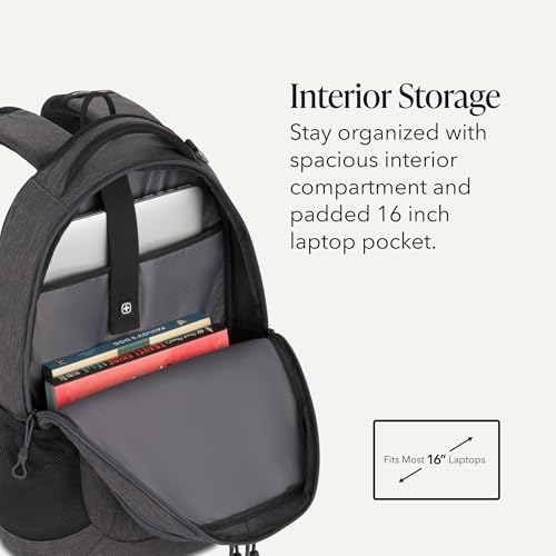 Image of SwissGear 5505 Cecil 16 inch Laptop Backpack Charcoal - Daily Laptop Bag with Gear Attachment Options - Multiple Organizer Pockets & Padded Shoulder Straps