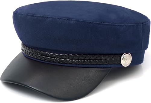 HIQUACC British Flat Top Beret Captain Hat with PU Leather Brim Vintage Navy Sailor Cap for Women (Navy Blue)