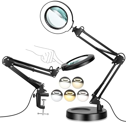 Drdefi 8X Magnifying Glass with Light and Stand, 5 Color Modes Stepless Dimmable Desk Lamp with Clamp, Adjustable Swing Arm 2-in-1 LED Lighted Magnifier with Light for Craft Hobby Reading Close Works