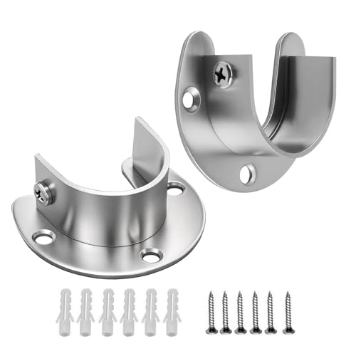 2 Pack Wardrobe Rail Brackets - 32mm Stainless Steel Wardrobe Pole Brackets - Heavy Duty U Shaped Closet Pole Ends Sockets - Flange Rod Holder with Screws for Wardrobe Rail Support