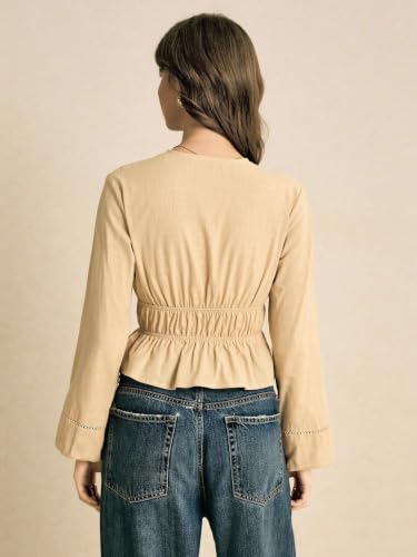Image of Shasmi Women's Solid Deep V Neck Cotton Long Bishop Sleeve Drawstring Waist Ruffle Hem Peplum Top | Blouse | Casual Boho Cottagecore Shirt for Office, Vacation & Daily (Top 304)
