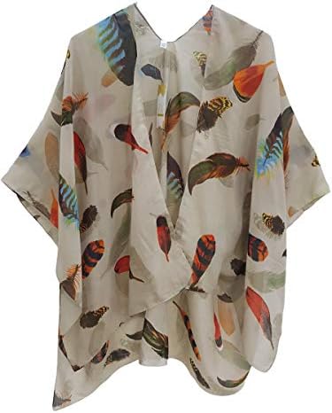 ELU Fall Kimonos for Women - Beach Coverup for Women Kimono Cardigan Poncho Ruanas with animal & Bohemian floral Print Women's swimsuits and Plus size Long Summer Beach Cover up (Feather Taupe)