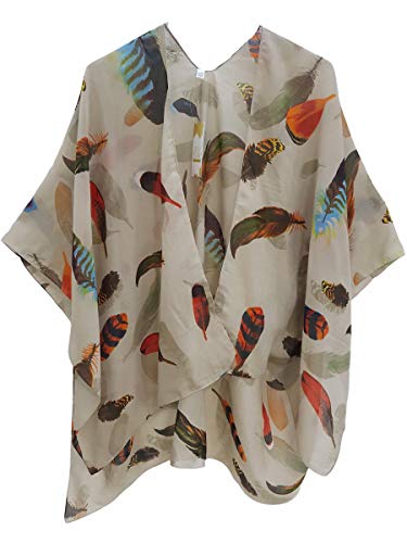 Elu Fall Kimonos For Women - Beach Coverup For Women Kimono Cardigan Poncho Ruanas With Animal & Bohemian Floral Print Women's Swimsuits And Plus Size Long Summer Beach Cover Up (Feather Taupe) #TOP6