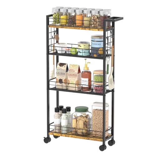 iDavosic.ly 4 Tier Slim Storage Cart, Rolling Narrow Storage Cabinet for Small Space with Handle,...