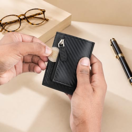 Image of The Wallet Store Defender RFID Protected Wallet | Pop-up Card Holder | Scan Proof Wallets for Men | Aluminium Case | Up to 8 Cards | Credit & Debit Card Holder (Carbon Fibre Edition)