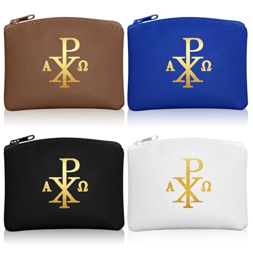 Image of Dansydaisy 4 Pcs Rosary Pouch Catholic with Gold Cross PU Leather Rosary Case for Women and Men Coin Purses Holder Zipper Bag for Travel Christmas, 4 Colors(Vintage Colors,Chi Rho)